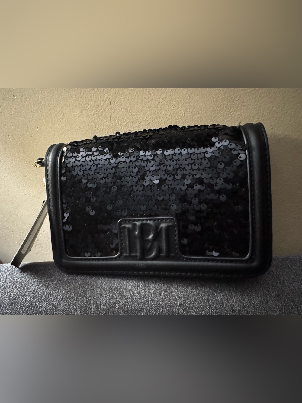 Badgley Mischka Black Sequin Crossbody with Gold Chain - vegan leather